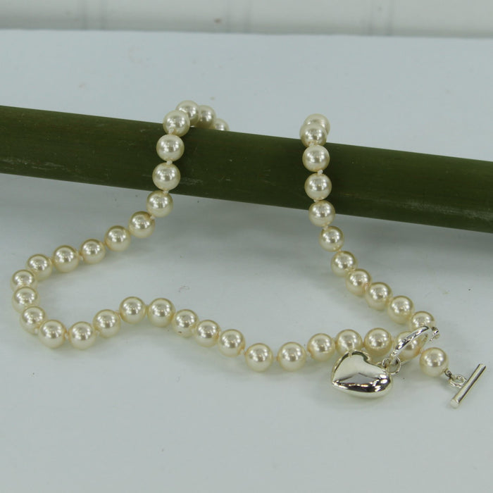 Single Strand Faux Pearl Necklace Silver Heart Bar Closure other view of necklace