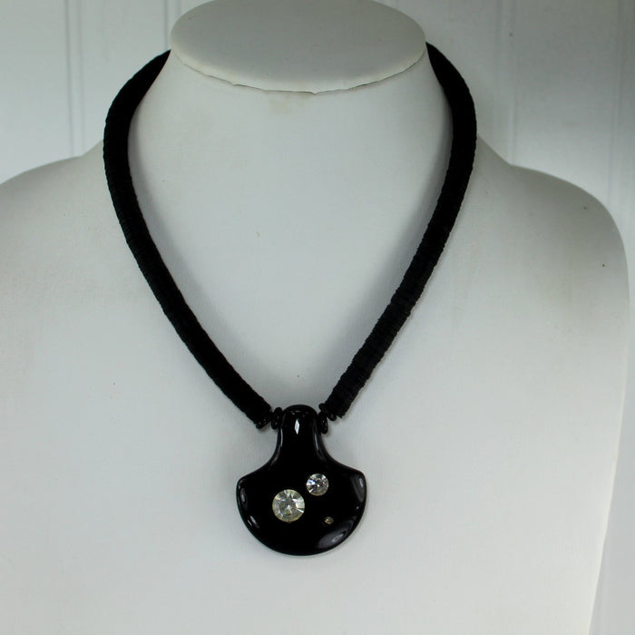 Striking Black Pendant Necklace Mod Design Rhinestones