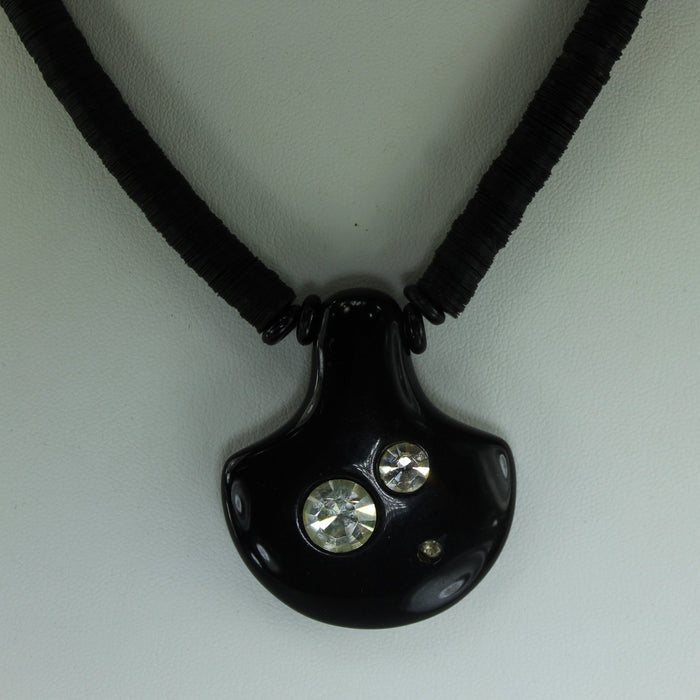 Striking Black Pendant Necklace Mod Design Rhinestones closeup pendant