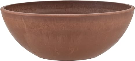 Eco-friendly terracotta plastic garden planter, round with wide opening and smooth surface, shown on a white background.