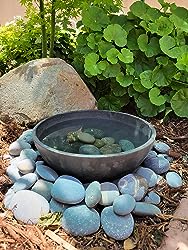 Top view of shallow terracotta planter bowl showcasing its wide opening among smooth rocks and leafy greenery