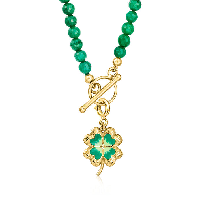 Gold-tone beaded necklace charm featuring green enamel clover pendant