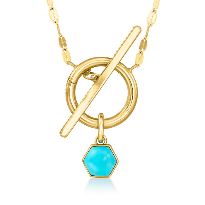 Turquoise octagon charm framed by gold ring and bar, dangling on chain