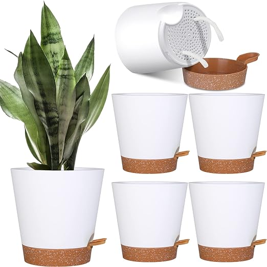 Five white self-watering plastic plant pots with brown bases, one with a leafy plant. Inset shows removable layer and water gauge.