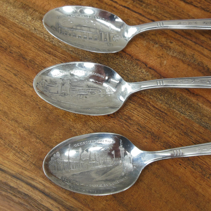 Wm. Rogers 3 Lot 1939 NY World's Fair Souvenir Spoons Railroad Marine Court Buildings Georgian