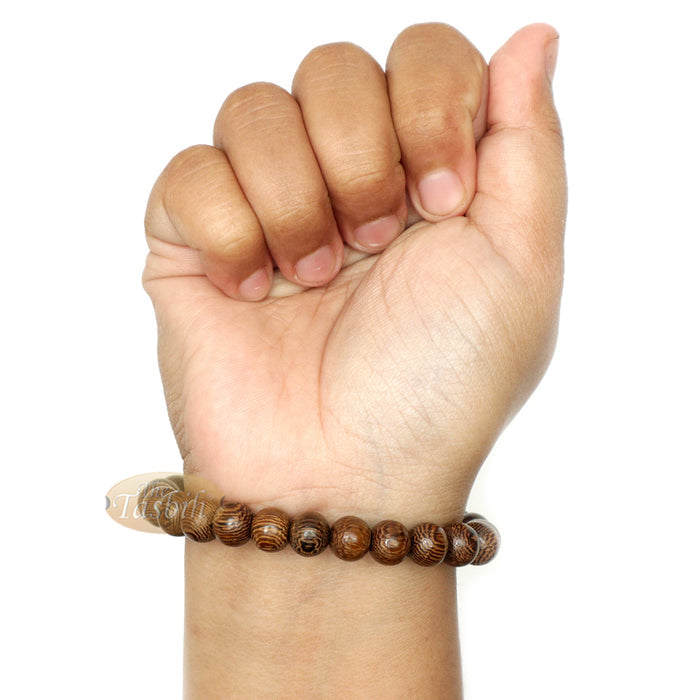 Wood Bead Bracelet - Tropical Johar Asian Wenge Beads with Black Elastic 7 mm Unisex 7.5-8 inch Prayer Bracelet