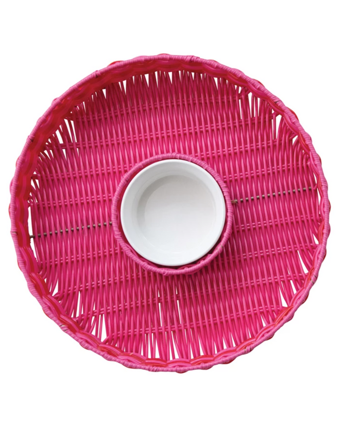 Woven Plastic Chip & Dip Basket w/ 18 oz. Removable White Ceramic Bowl
