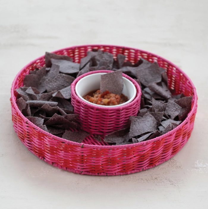 Woven Plastic Chip & Dip Basket w/ 18 oz. Removable White Ceramic Bowl