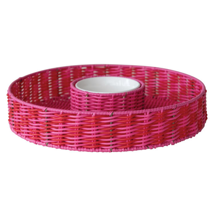 Woven Plastic Chip & Dip Basket w/ 18 oz. Removable White Ceramic Bowl