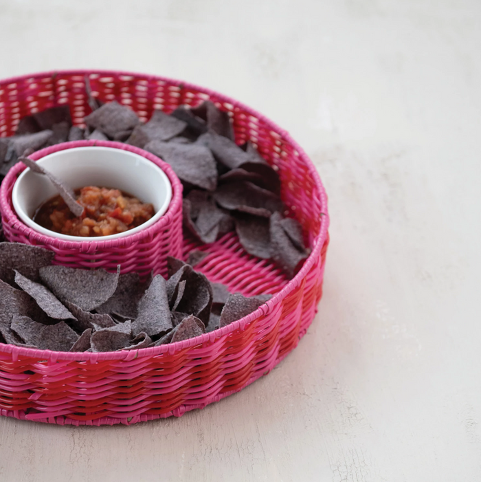 Woven Plastic Chip & Dip Basket w/ 18 oz. Removable White Ceramic Bowl
